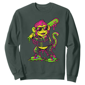 Neon Dripping Monkey Baseball Graphic Sweatshirt Ball Party Game Day Vibes TS02 Dark Forest Green Print Your Wear