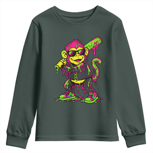 Neon Dripping Monkey Baseball Graphic Youth Sweatshirt Ball Party Game Day Vibes TS02 Dark Forest Green Print Your Wear