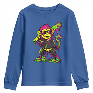 Neon Dripping Monkey Baseball Graphic Youth Sweatshirt Ball Party Game Day Vibes TS02 Royal Blue Print Your Wear