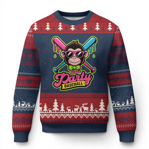 Lets Party Baseball Monkey Game Day Ugly Christmas Sweater Neon Dripping Bats Funny Baseball Fan Party Ball TS02 Navy Red Print Your Wear