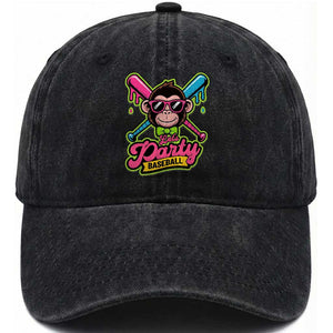 Lets Party Baseball Monkey Game Day Washed Cotton Baseball Cap Neon Dripping Bats Funny Baseball Fan Party Ball TS02 Washed Cap Universal Fit Black Print Your Wear