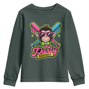 Lets Party Baseball Monkey Game Day Youth Sweatshirt Neon Dripping Bats Funny Baseball Fan Party Ball TS02 Dark Forest Green Print Your Wear