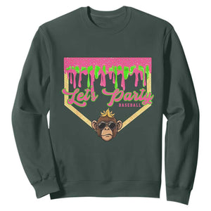 Lets Party Monkey Baseball Game Day Sweatshirt Neon Dripping Homeplate Funny Ball Party Fans TS02 Dark Forest Green Print Your Wear