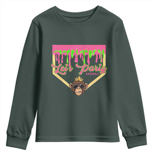 Lets Party Monkey Baseball Game Day Youth Sweatshirt Neon Dripping Homeplate Funny Ball Party Fans TS02 Dark Forest Green Print Your Wear