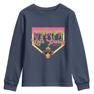 Lets Party Monkey Baseball Game Day Youth Sweatshirt Neon Dripping Homeplate Funny Ball Party Fans TS02 Navy Print Your Wear