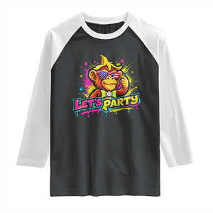Lets Party Baseball Monkey Colorful Graphic Raglan Shirt American Flag Game Day Fans Ball Party Vibes TS02 Black White Print Your Wear