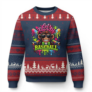 Lets Party Baseball Monkey Neon Dripping Graphic Ugly Christmas Sweater Funny Ball Party Game Day Fans TS02 Navy Red Print Your Wear