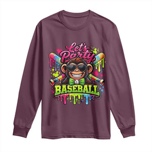 Lets Party Baseball Monkey Neon Dripping Graphic Long Sleeve Shirt Funny Ball Party Game Day Fans TS02 Maroon Print Your Wear