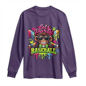 Lets Party Baseball Monkey Neon Dripping Graphic Long Sleeve Shirt Funny Ball Party Game Day Fans TS02 Purple Print Your Wear