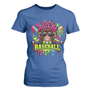 Lets Party Baseball Monkey Neon Dripping Graphic T Shirt For Women Funny Ball Party Game Day Fans TS02 Royal Blue Print Your Wear