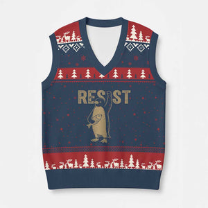 Funny Penguin Resist V-Neck Knit Sweater Vest Against Tariffs Activism Vintage TS02 Navy Red Print Your Wear