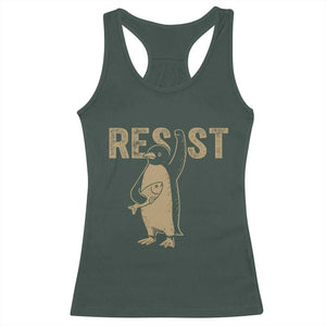 Funny Penguin Resist Racerback Tank Top Against Tariffs Activism Vintage TS02 Dark Forest Green Print Your Wear
