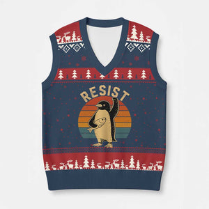 Funny Penguin Resist V-Neck Knit Sweater Vest Against Tariffs Retro Vintage TS02 Navy Red Print Your Wear