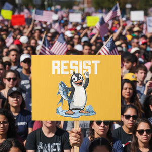 Funny Penguin Resist Protest Sign Against Tariffs Protest TS02 Horizontal 18" × 24" Yellow Print Your Wear