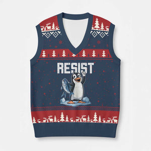 Funny Penguin Resist V-Neck Knit Sweater Vest Against Tariffs Protest TS02 Navy Red Print Your Wear