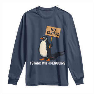 Funny Penguin Resist Long Sleeve Shirt No Tariffs I Stand With Penguins TS02 Navy Print Your Wear