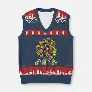 Colorful Autism Acceptance Lion V-Neck Knit Sweater Vest It Is Ok To Be Different Courageous Neurodiversity Support TS02 Navy Red Print Your Wear