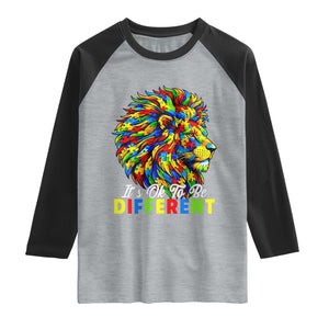 Colorful Autism Acceptance Lion Raglan Shirt It Is Ok To Be Different Courageous Neurodiversity Support TS02 Heather Gray Black Print Your Wear