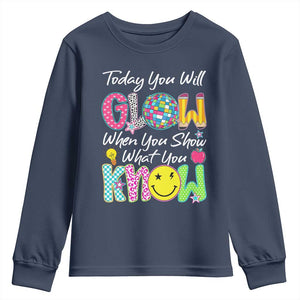 Motivational Test Day Glow Youth Sweatshirt Today You Will Glow When You Show What You Know TS02 Navy Print Your Wear