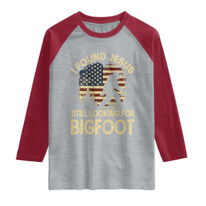 I Found Jesus Still Looking for Bigfoot Patriotic Raglan Shirt American Flag Christian Religious Sasquatch Vintage TS02 Heather Gray Heather Red Print Your Wear