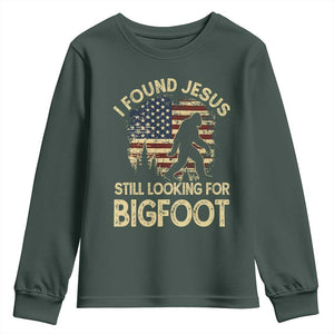 I Found Jesus Still Looking for Bigfoot Patriotic Youth Sweatshirt American Flag Christian Religious Sasquatch Vintage TS02 Dark Forest Green Print Your Wear