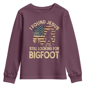 I Found Jesus Still Looking for Bigfoot Patriotic Youth Sweatshirt American Flag Christian Religious Sasquatch Vintage TS02 Maroon Print Your Wear