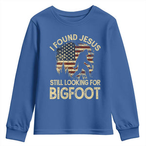 I Found Jesus Still Looking for Bigfoot Patriotic Youth Sweatshirt American Flag Christian Religious Sasquatch Vintage TS02 Royal Blue Print Your Wear
