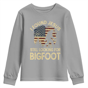 I Found Jesus Still Looking for Bigfoot Patriotic Youth Sweatshirt American Flag Christian Religious Sasquatch Vintage TS02 Sport Gray Print Your Wear