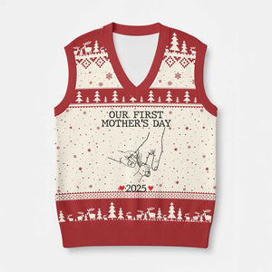 New Mom of Twins Est. 2025 V-Neck Knit Sweater Vest First Mothers Day Matching Gift Light TS02 Beige Red Print Your Wear