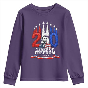 250 Years of Freedom Abraham Lincoln Patriotic Youth Sweatshirt US Fighter Jets Red White and Blue 1776 to 2026 Semiquincentennial TS02 Purple Print Your Wear