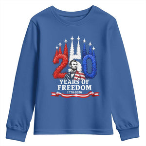 250 Years of Freedom Abraham Lincoln Patriotic Youth Sweatshirt US Fighter Jets Red White and Blue 1776 to 2026 Semiquincentennial TS02 Royal Blue Print Your Wear