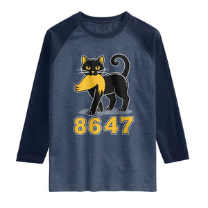 8647 Black Cat Golden Hair Prey Raglan Shirt Funny Coded Political Satire TS02 Heather Denim Navy Print Your Wear