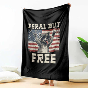 Feral But Free Funny Raccoon Patriotic Throw Blanket Cool American Flag Sunglasses Rock On Hand Signs Vintage USA Flag TS02 Print Your Wear