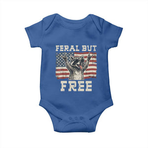 Feral But Free Funny Raccoon Patriotic Baby Onesie Cool American Flag Sunglasses Rock On Hand Signs Vintage USA Flag TS02 Royal Blue Print Your Wear
