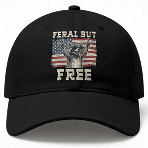 Feral But Free Funny Raccoon Patriotic Baseball Cap Cool American Flag Sunglasses Rock On Hand Signs Vintage USA Flag TS02 Print Your Wear