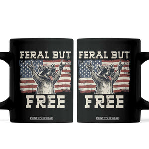 Feral But Free Funny Raccoon Patriotic Coffee Mug Cool American Flag Sunglasses Rock On Hand Signs Vintage USA Flag TS02 Black Print Your Wear