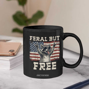 Feral But Free Funny Raccoon Patriotic Coffee Mug Cool American Flag Sunglasses Rock On Hand Signs Vintage USA Flag TS02 Print Your Wear