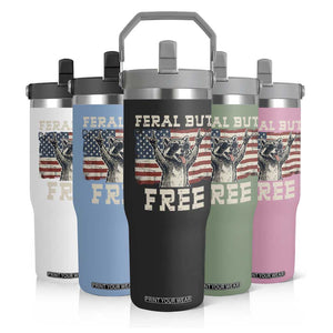 Feral But Free Funny Raccoon Patriotic Flip Straw Tumbler Cool American Flag Sunglasses Rock On Hand Signs Vintage USA Flag TS02 Print Your Wear