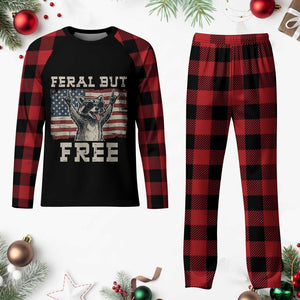 Feral But Free Funny Raccoon Patriotic Plaid Pajama Set Cool American Flag Sunglasses Rock On Hand Signs Vintage USA Flag TS02 Buffalo Plaid Print Your Wear