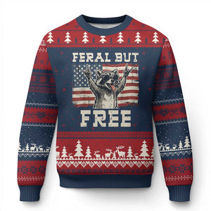 Feral But Free Funny Raccoon Patriotic Ugly Christmas Sweater Cool American Flag Sunglasses Rock On Hand Signs Vintage USA Flag TS02 Navy Red Print Your Wear