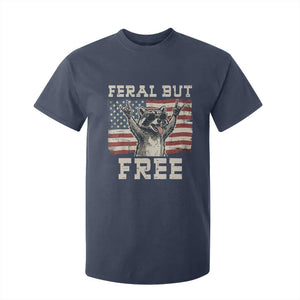 Feral But Free Funny Raccoon Patriotic T Shirt For Kid Cool American Flag Sunglasses Rock On Hand Signs Vintage USA Flag TS02 Navy Print Your Wear