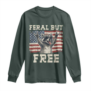 Feral But Free Funny Raccoon Patriotic Long Sleeve Shirt Cool American Flag Sunglasses Rock On Hand Signs Vintage USA Flag TS02 Dark Forest Green Print Your Wear