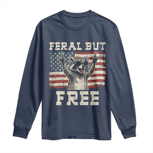Feral But Free Funny Raccoon Patriotic Long Sleeve Shirt Cool American Flag Sunglasses Rock On Hand Signs Vintage USA Flag TS02 Navy Print Your Wear