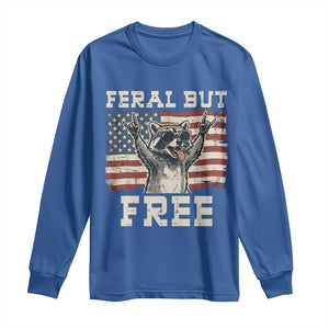 Feral But Free Funny Raccoon Patriotic Long Sleeve Shirt Cool American Flag Sunglasses Rock On Hand Signs Vintage USA Flag TS02 Royal Blue Print Your Wear