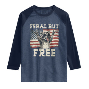 Feral But Free Funny Raccoon Patriotic Raglan Shirt Cool American Flag Sunglasses Rock On Hand Signs Vintage USA Flag TS02 Heather Denim Navy Print Your Wear