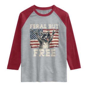Feral But Free Funny Raccoon Patriotic Raglan Shirt Cool American Flag Sunglasses Rock On Hand Signs Vintage USA Flag TS02 Heather Gray Heather Red Print Your Wear
