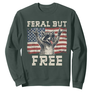 Feral But Free Funny Raccoon Patriotic Sweatshirt Cool American Flag Sunglasses Rock On Hand Signs Vintage USA Flag TS02 Dark Forest Green Print Your Wear