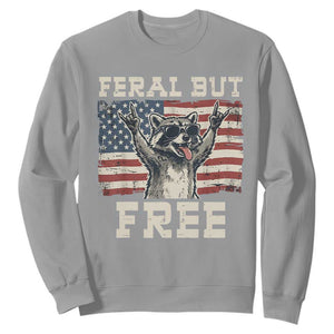 Feral But Free Funny Raccoon Patriotic Sweatshirt Cool American Flag Sunglasses Rock On Hand Signs Vintage USA Flag TS02 Sport Gray Print Your Wear