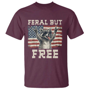 Feral But Free Funny Raccoon Patriotic T Shirt Cool American Flag Sunglasses Rock On Hand Signs Vintage USA Flag TS02 Maroon Print Your Wear