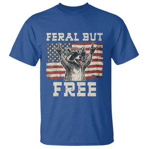 Feral But Free Funny Raccoon Patriotic T Shirt Cool American Flag Sunglasses Rock On Hand Signs Vintage USA Flag TS02 Royal Blue Print Your Wear